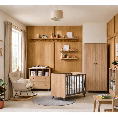 Chambre bébé trio: Lit bébé 60x120, Commode à langer 2 tiroirs et armoire 2 portes décor bois chêne SAUTHON