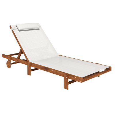 Bain de soleil style exotique bois avec 2 roues - inclinable, tétière - textilène blanc OUTSUNNY