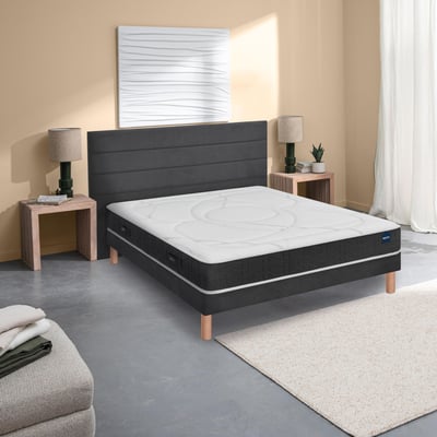 Ensemble matelas nano, mémoire de forme, coton et laine RECOVERY, sommier MEDIANO gris fumé et pieds BULTEX