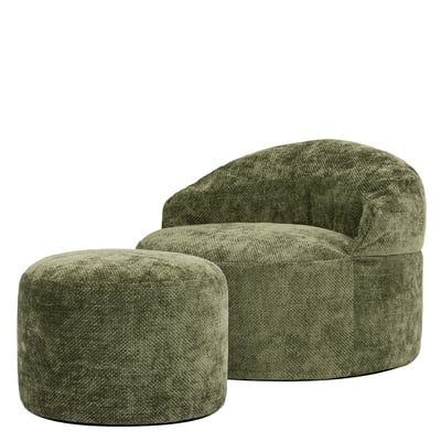 Pouf fauteuil d’appoint décoratif et son repose-pied rond en tissu chenille Oeko-Tex® - ORB ICON