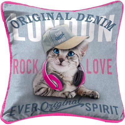 Coussin Passepoil polyester imprime Modele Chat Rock Love Londres 40 x 40 cm DOUCEUR D'INTÉRIEUR