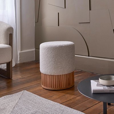 Pouf en teck massif et tissu bouclette 38 cm SERENE BERAH GETAH