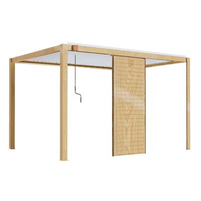 Pergola bioclimatique autoportée 3 x 4 m en aluminium blanc décor bois avec 1, 2 ou 3 claustras, CORATO OVIALA