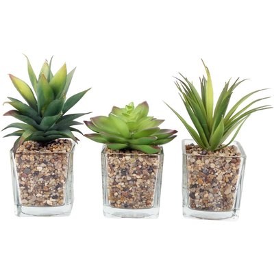 Plantes artificielles dans pot en verre 6.5 x 6.5 x 17 cm (Lot de 3) JARDINDECO