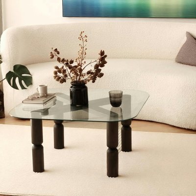 Table basse carrée en verre - pieds bois sculpté BOMA PIER IMPORT