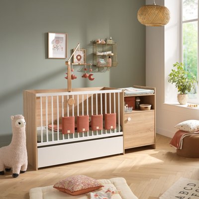 Lit bébé combiné évolutif en décor bois avec commode à langer 1 porte BABY PRICE