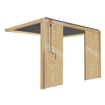 Pergola bioclimatique adossée 3 x 4 m en aluminium décor bois avec 1, 2 ou 3 claustras, SAPRI OVIALA