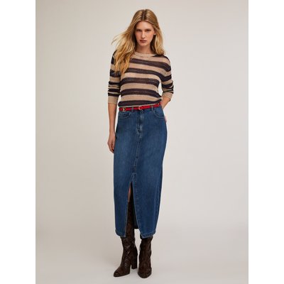 Jupe mi-longue en denim de coton mélangé, délavage bleu moyen MOTIVI