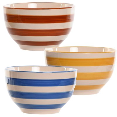 Set de 3 bols faïence rayures bleues, jaunes, rouges 14x14x8cm WADIGA