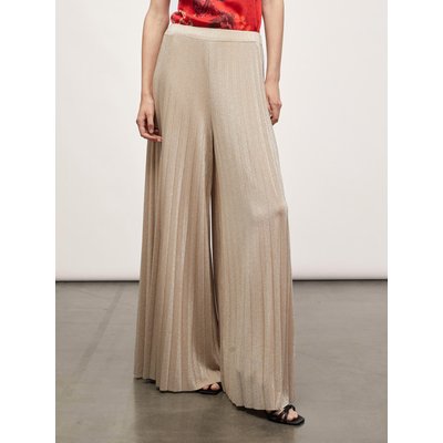 Pantalon plissé en 39% polyester, 22% viscose, 16% polyamide, 16% métallisé, 7% élasthanne. Le matériau "autres fibres" est la fibre métallique. MOTIVI