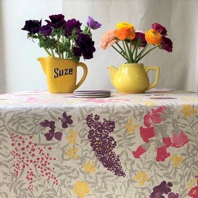 Nappe enduite ronde ou ovale MIMOSA fond lin FLEUR DE SOLEIL