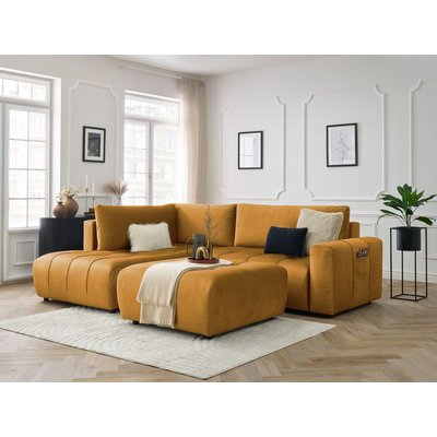 Canapé d'angle convertible 4 places en velours avec pouf, ARSENE BOBOCHIC