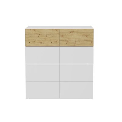 Buffet 8 tiroirs blanc brillant et décor chêne Belm 5 - L109 x H115 cm CALICOSY