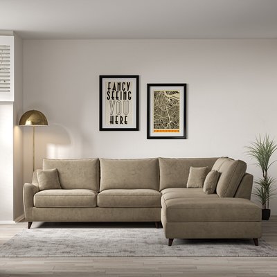 Amelia Textured Velvet Corner Sofa & Modular Footstool Set with Dark Wood Legs (Right Facing) SO'HOME