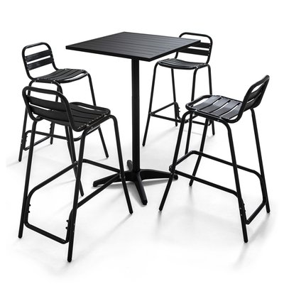 Table de jardin grise mange-debout et 4 chaises hautes en aluminium OVIALA
