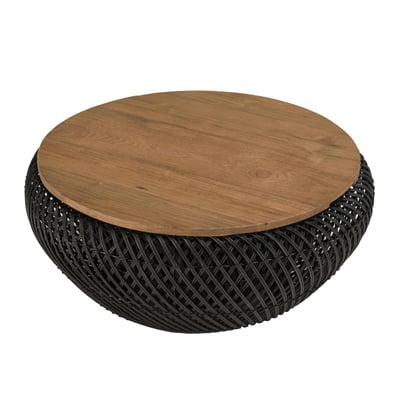 Table basse coffre ronde rotin noir et teck recyclé 66 cm SWING PIER IMPORT