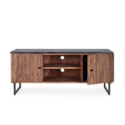 Meuble TV en bois d'acacia et marbre noir 2 portes 2 niches L130 - VIRGINIE HELLIN, DEPUIS 1862