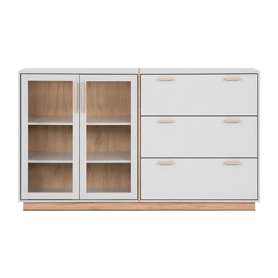 Buffet 3 Tiroirs et 2 Portes Vitrées Décor Blanc et Bois L162,5 cm - SPLIT CALICOSY