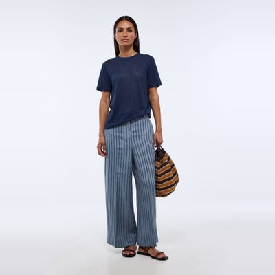 Pantalon large rayé contenant du lin MONOPRIX