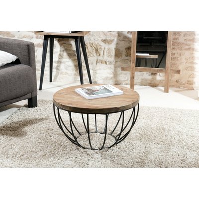 Table basse ronde 60cm plateau teck recyclé métal noir style contemporain industriel SWING PIER IMPORT