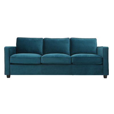Canapé design 3 places en tissu velours bleu pétrole et bois noir BROOKLYN MILIBOO