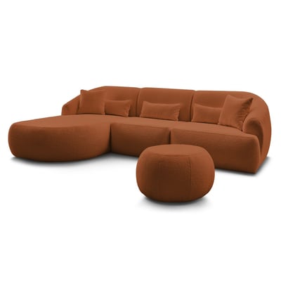 Canapé d'angle fixe 4 places en tissu bouclette avec pouf, ALESIA BOBOCHIC