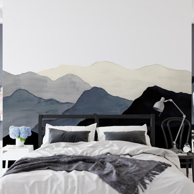 Papier peint panoramique avec montagnes grises à l'aquarelle - 170x260 cm (l x h) LA TOUCHE ORIGINALE