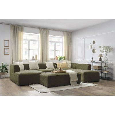 Canapé panoramique fixe 6 places en tissu texturé avec pouf, MEGEVE BOBOCHIC