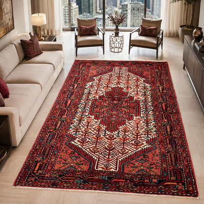Tapis d'orient, 111 x 175 cm, rouge, bordeaux et crème, artisanal, HAMADAN 24 UN AMOUR DE TAPIS