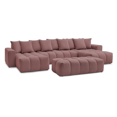 Canapé panoramique fixe 6 places en tissu chiné avec pouf, MONT-BLANC BOBOCHIC