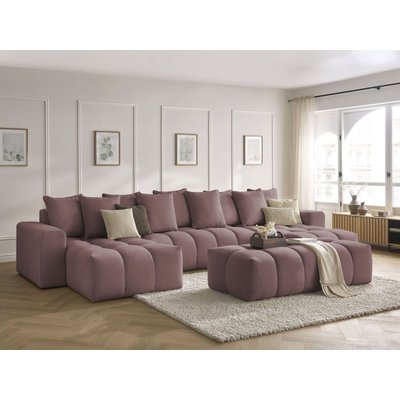 Canapé panoramique fixe 6 places en tissu chiné avec pouf, MONT-BLANC BOBOCHIC