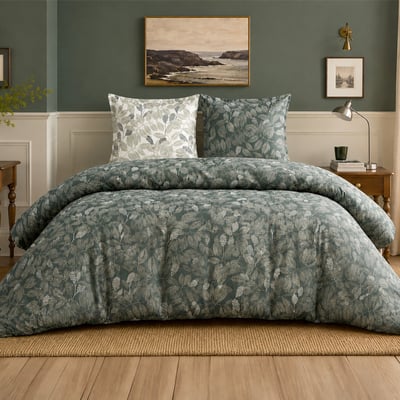 Parure de lit en percale de coton motif feuillages, EMERIDE ATELIER DU COTON