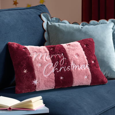 Merry Christmas Faux Fur Stripe Cushion FURN.