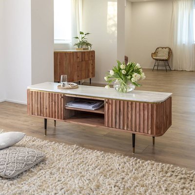Meuble tv en bois d'acacia et marbre blanc  JUDITH MADE IN MEUBLES 