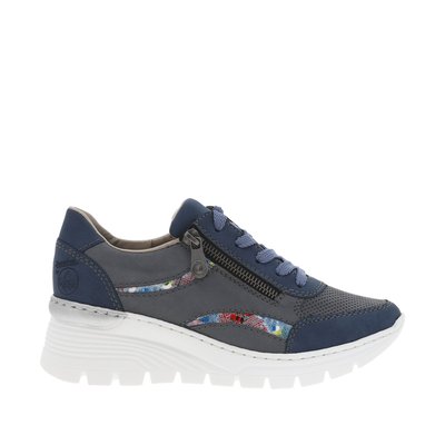 Sneakers en cuir gris et bleu à semelle compensée et à lacets et zip latéral RIEKER