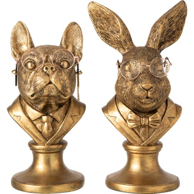 Duo de bustes animaux chien et lapin en résine RECOLLECTION