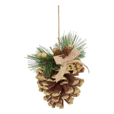 Suspension de sapin pomme de pin et nœud pailleté doré 13 cm ATMOSPHERA