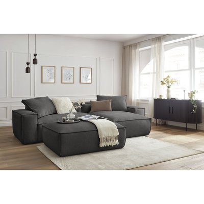 Canapé d'angle fixe 3 places en tissu chiné avec pouf, BOHEME BOBOCHIC