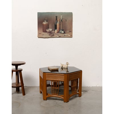 Table basse hexagonale en rotin et verre fumé Donna N°1636 - Bon état DEBONGOUT