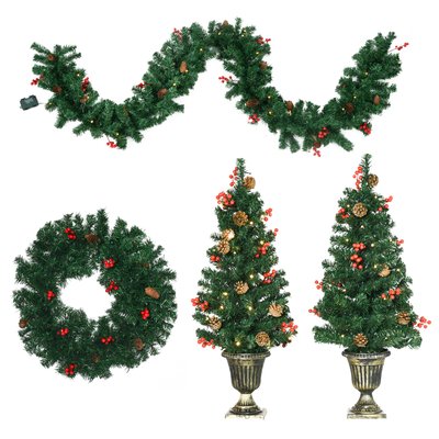 Lot de 4 décorations de Noël LED - couronne, guirlande, 2 sapins avec pots HOMCOM