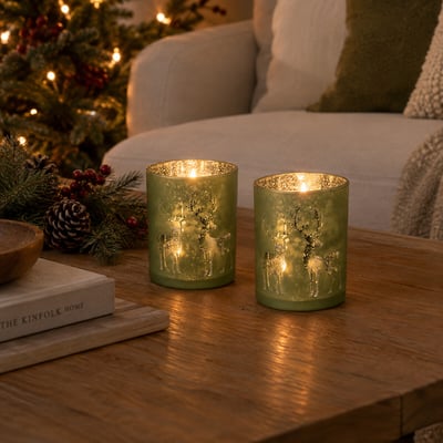 Set of 2 10cm Heritage Noel Reindeer Etched Tealight Holders SO'HOME