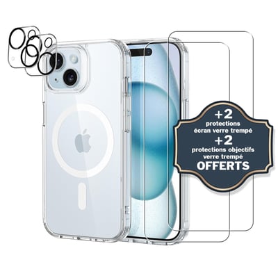 Coque Anti-choc compatible Magsafe pour iPhone 15 Transparente + 2 protections écran et 2 protections objectif caméra EVETANE