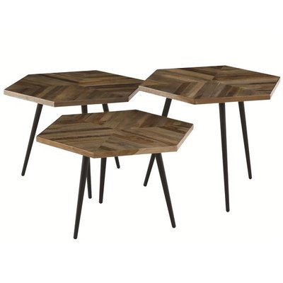 Tables basses hexagonales teck recyclé et métal WOODY (set de 3) ZAGO