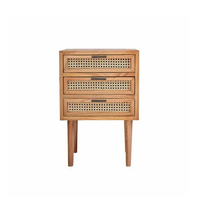 Table de chevet en bois massif et cannage 3 tiroirs  ALBA BERAH GETAH