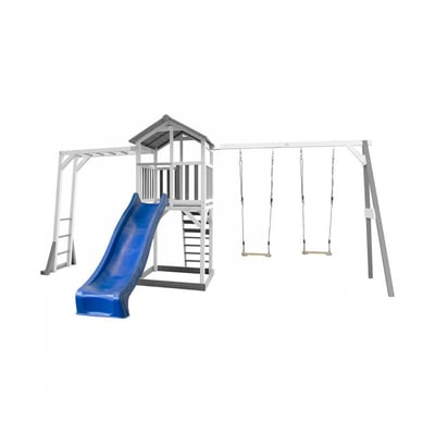 AXI Structure de jeu Beach Tower Gris Blanc avec cadre d'escalade et  2 balancoires et toboggan Bleu AXI HOUSE