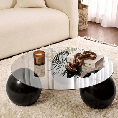 Table basse ronde verre fumé - 3 pieds boules noirs KOCHI PIER IMPORT
