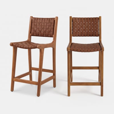 Lot de 2 chaises pour îlot central 66,5 cm en teck et cuir tressé - KUNA MAISON PAVANE