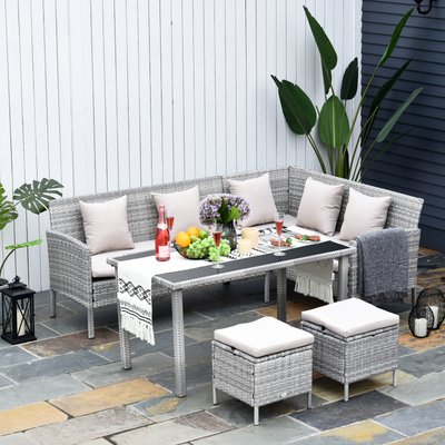 Salon de jardin 6 pers. canapé d'angle + 2 poufs + table à manger résine tressée gris OUTSUNNY