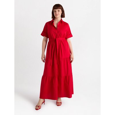 Robe chemise longue en coton stretch, avec col, volants, passants aux manches et ceinture en 100 % coton FIORELLA RUBINO