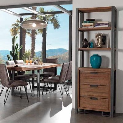 Étagère 70x200cm style industriel bois de teck 3 niveaux 3 tiroirs CANADA PIER IMPORT